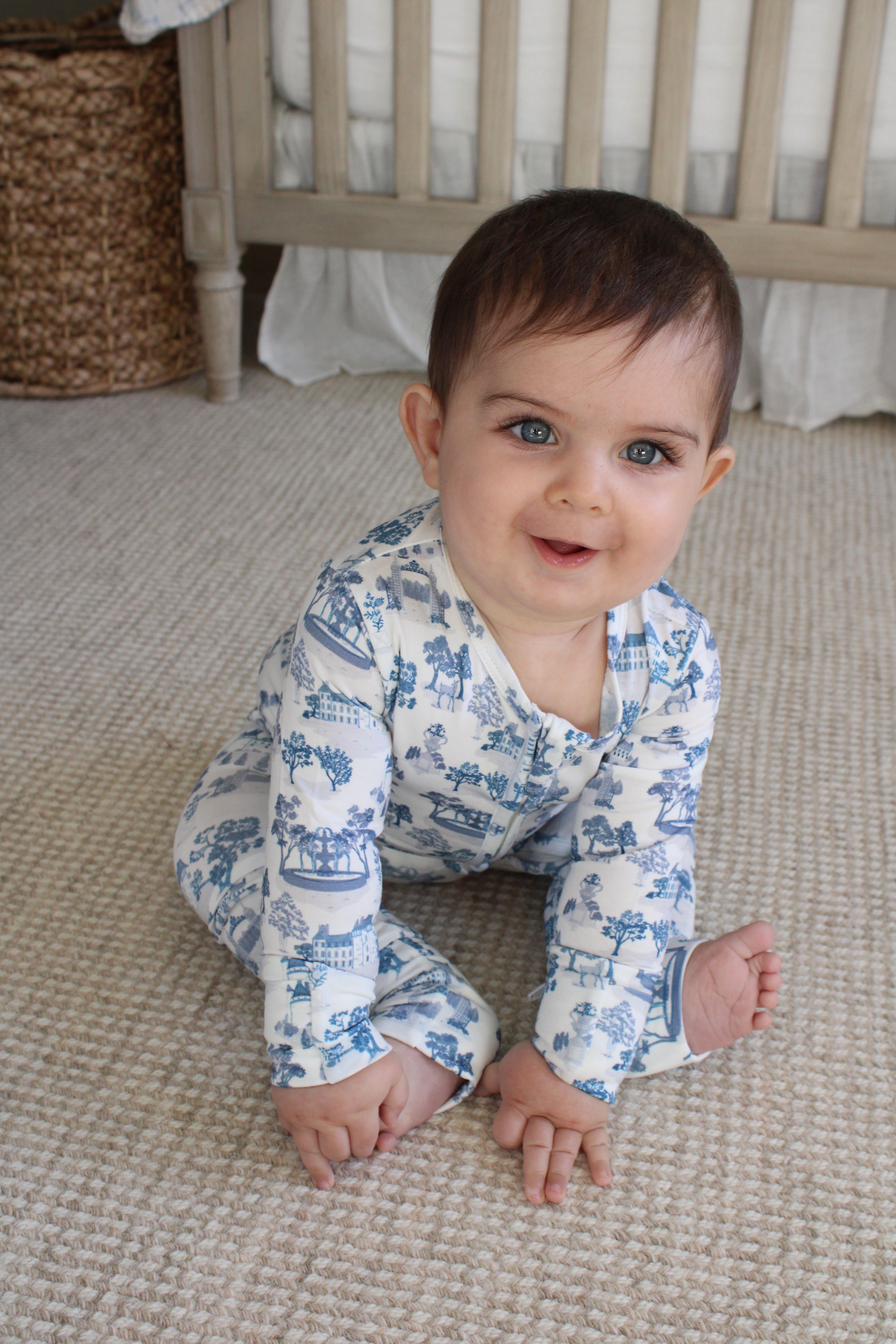 Blue Toile De Jouy Bamboo Wrap Footie