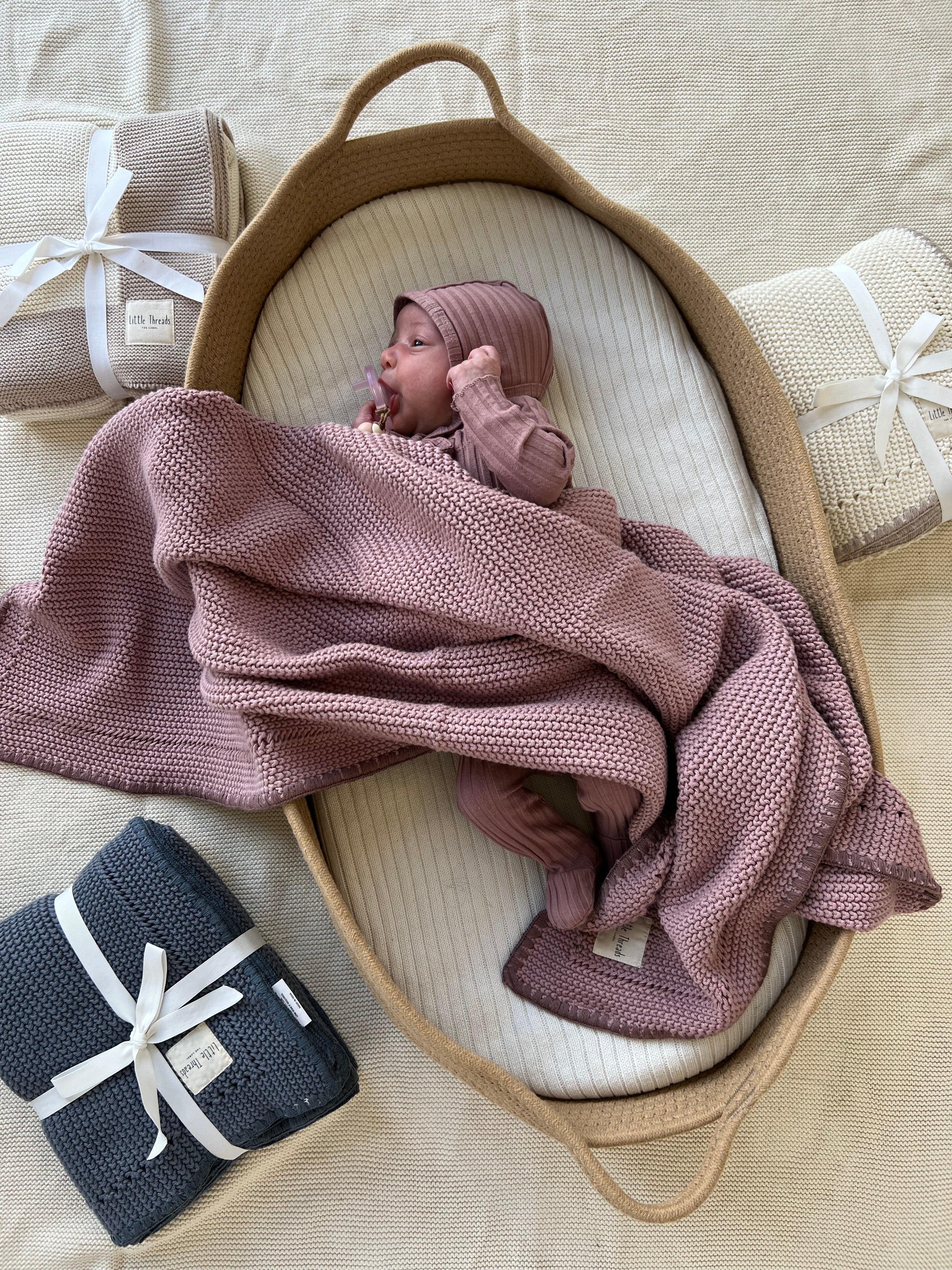Mauve Pink Knitted Cotton Blanket